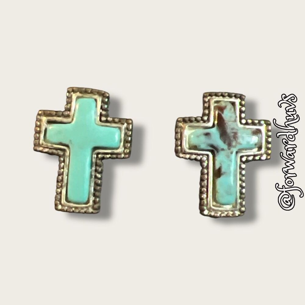 Bundle Sale 3 for $15 | Silver Tone Cross Earrings with Turquoise Color Centers